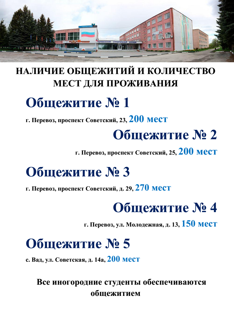 Информация о наличии общежития и количесте мест в общежитиях, выделяемых для иногородних поступающих